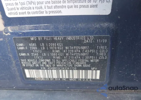 2010 Subaru Outback 2.5I Premium z USA, uszkodzony, nr VIN 4S4BRCGC3A3341730